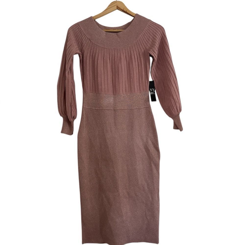 New York & Company Pink Ribbed Sheath Dress Bishop Sleeves